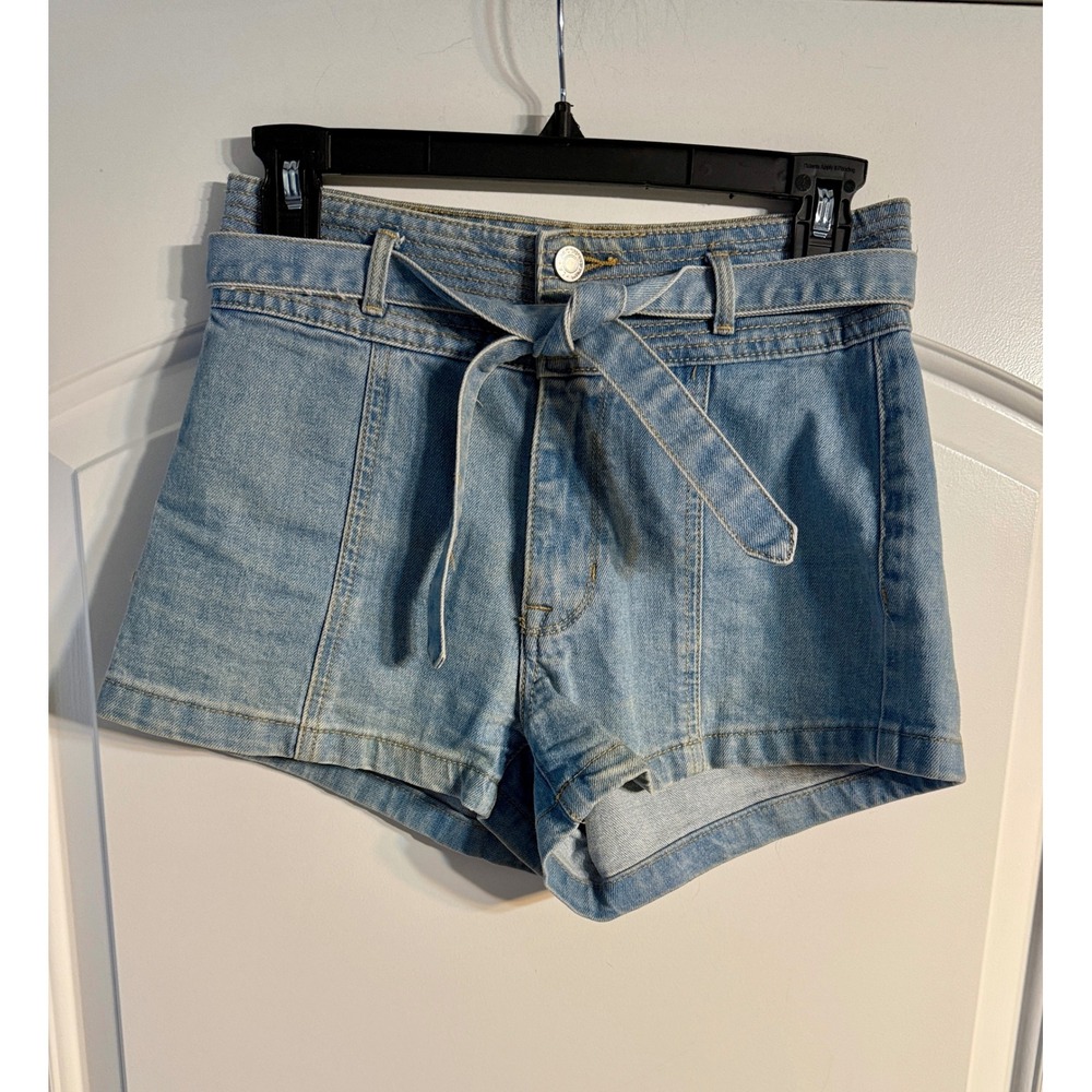 PacSun 70s Shorts 25 Light Blue High Waist Tie Belt Retro Denim Boho Festival